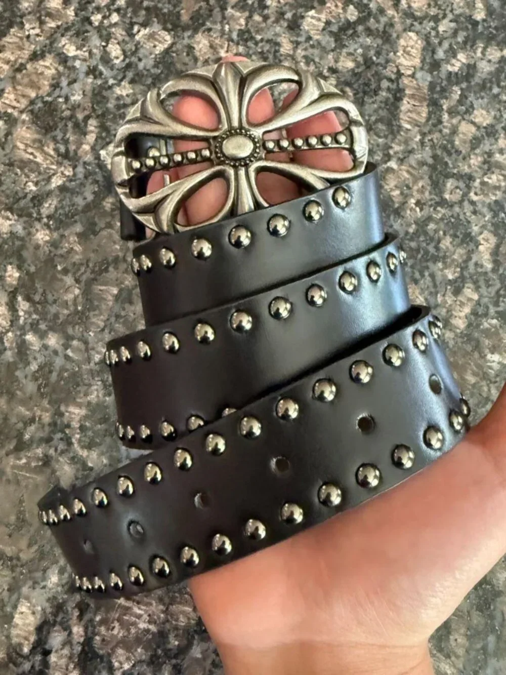Black Belt with Ornate Floral Cutout Buckle